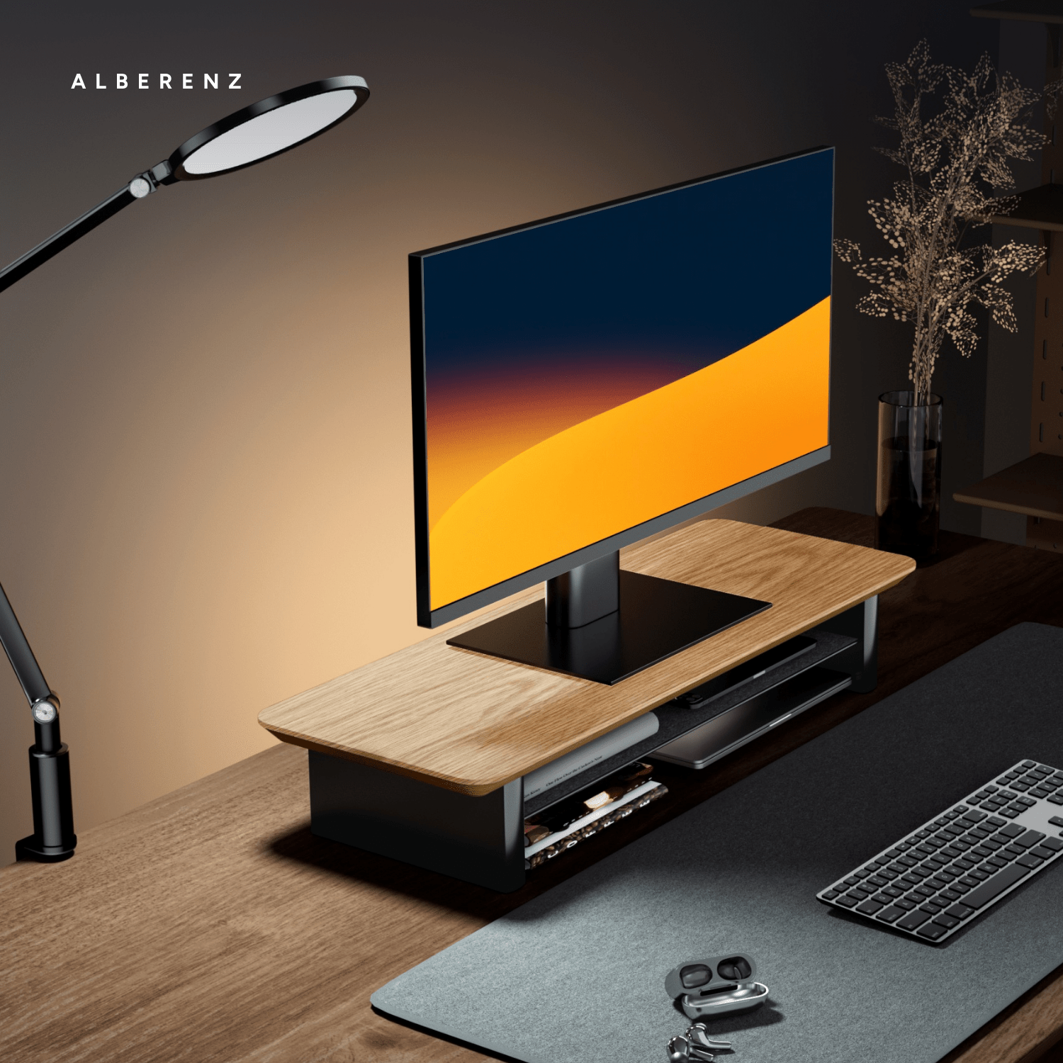 Alberenz oak monitor riser for one screen: lifestyle photo on the desk