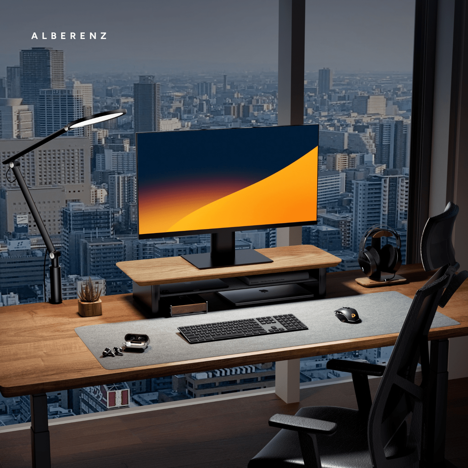 Alberenz oak monitor riser for one screen: on a desk with a city view