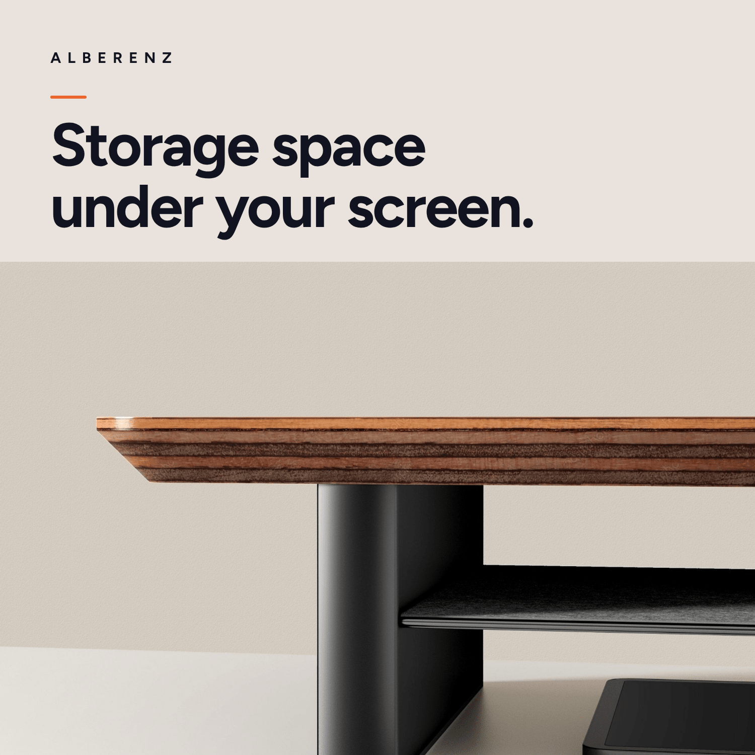 Alberenz walnut monitor riser for one screen: open storage shelf under the screen
